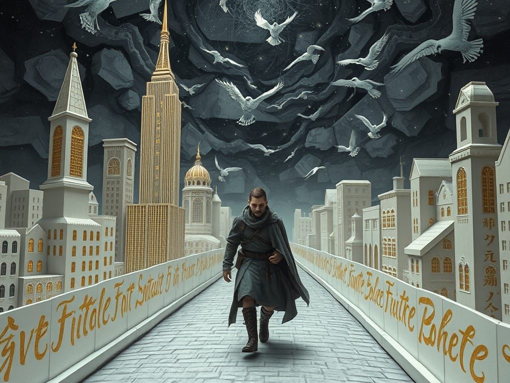 Origami Cityscape with Lone Wanderer in Ink Storm