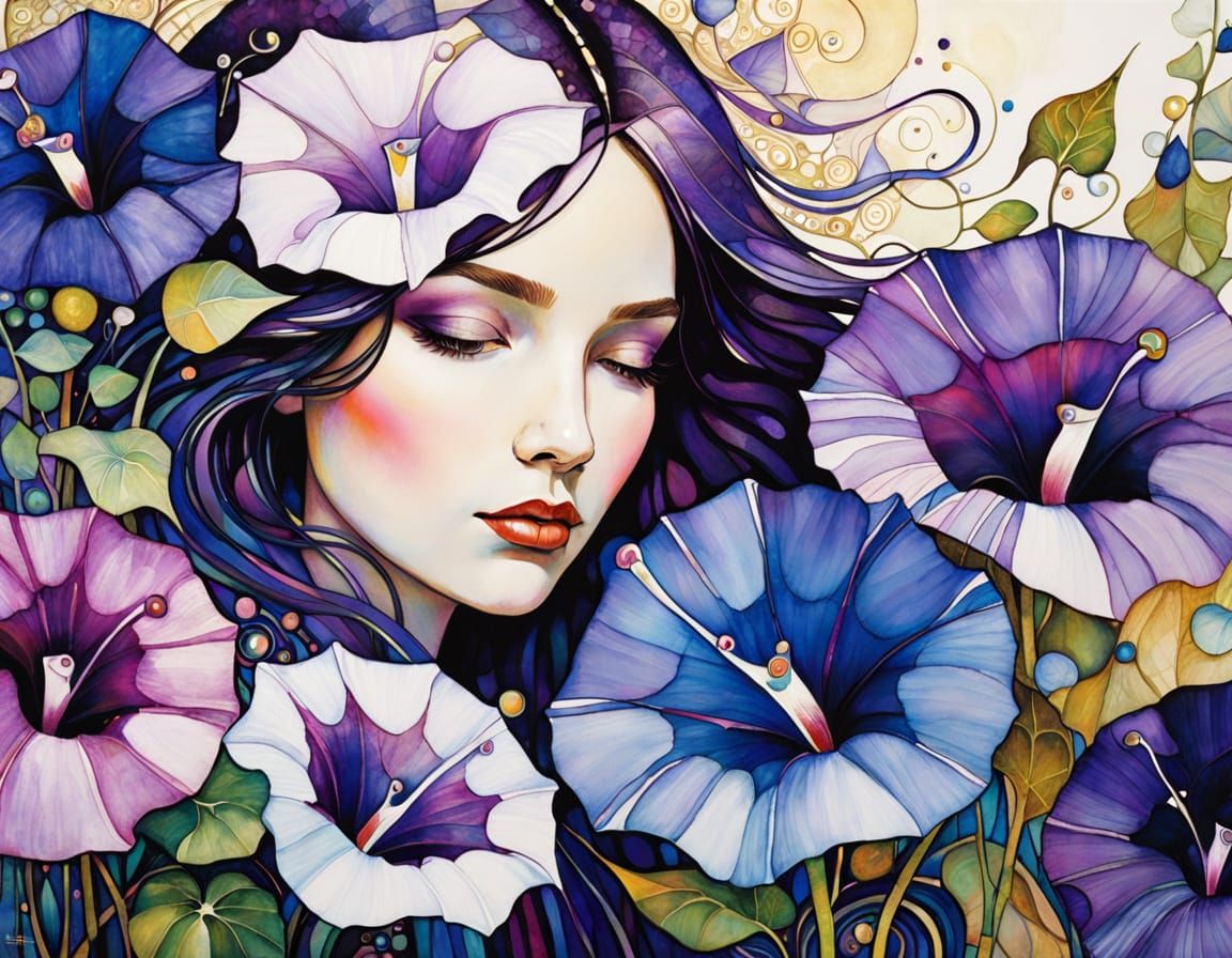 Intricate Purple Morning Glory in Ethereal Mixed Media Style