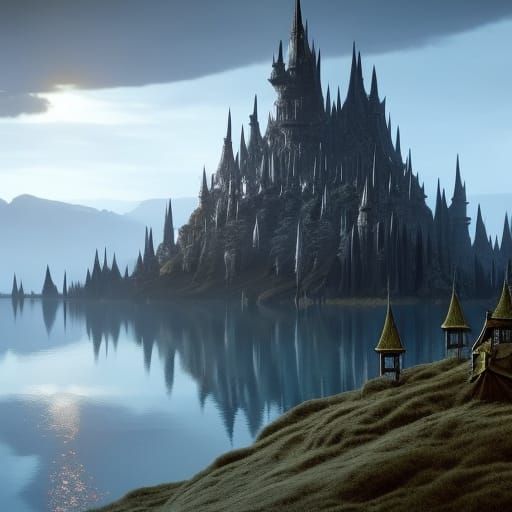 Gothic Castle on Lake Shore: Dark Fantasy Art