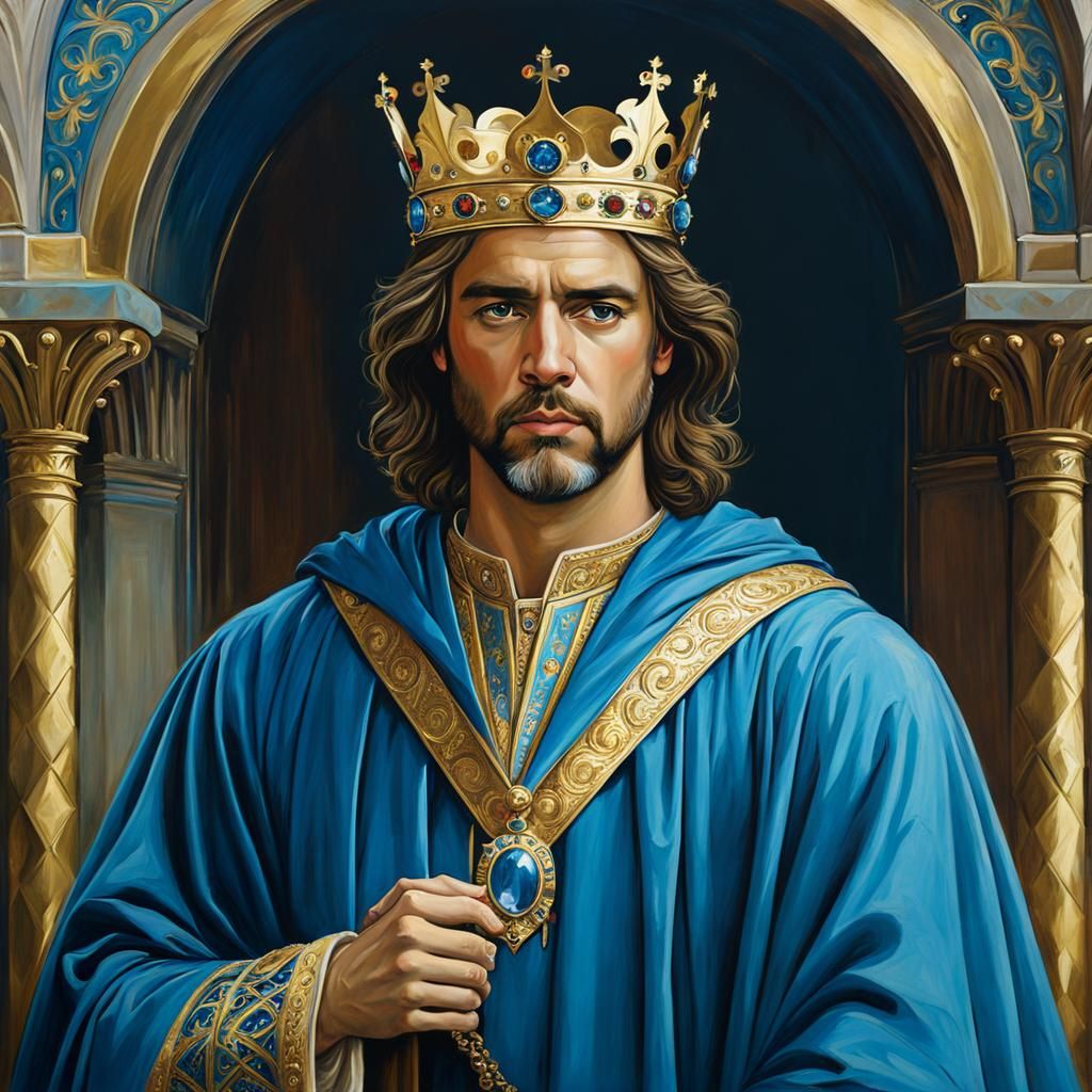 Medieval King in Blue Robes, Pre-Raphaelite Style