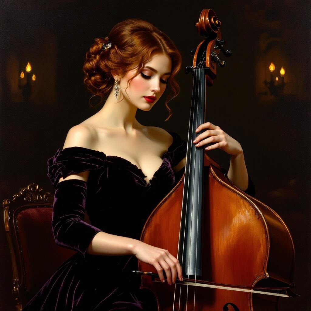 Old Master Oil Painting of Woman Playing Double Bass