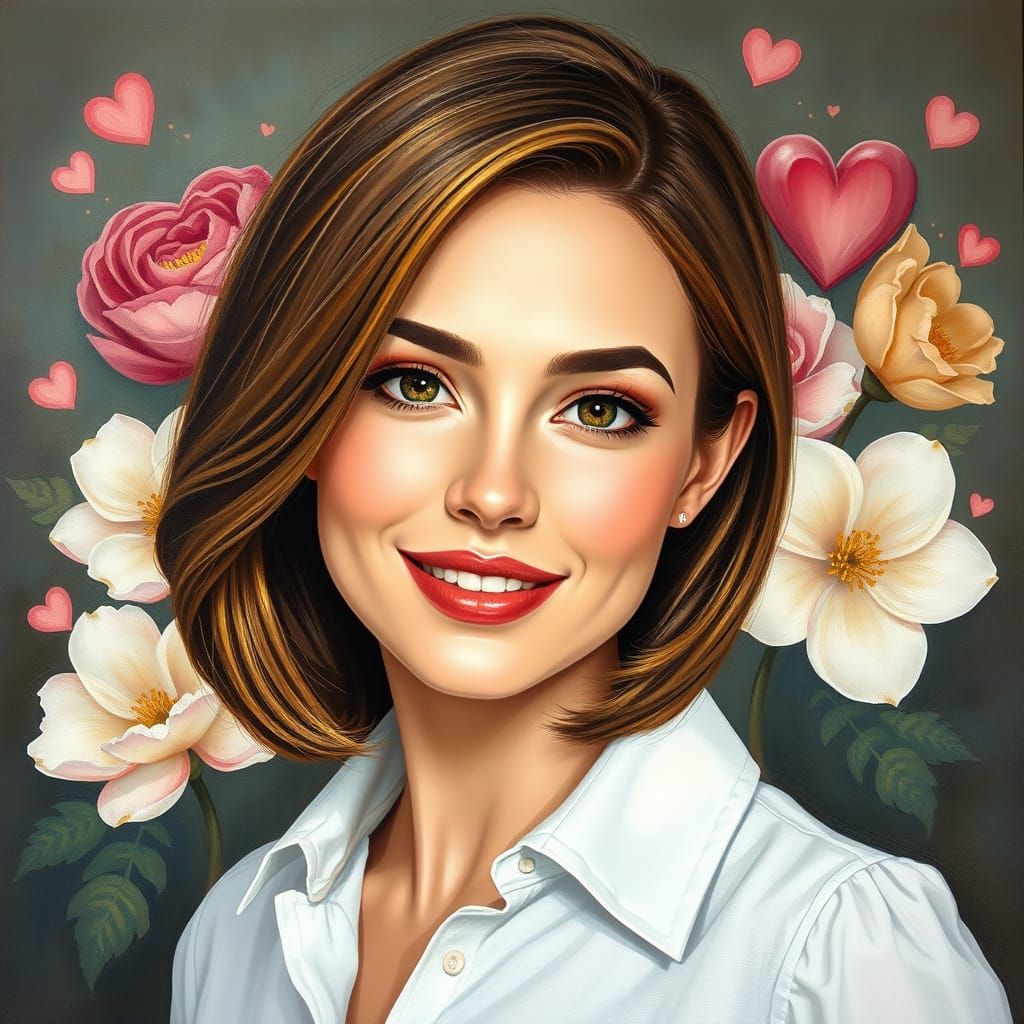 Elegant Woman Portrait with Flowers as Oil Painting