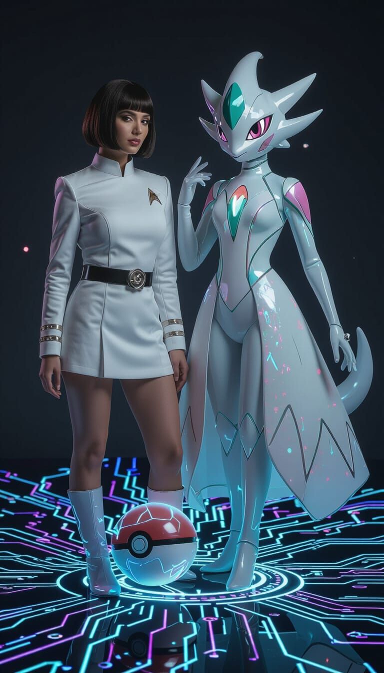 Sci-Fi Witch and Pokémon in Luminous Cinematic Scene