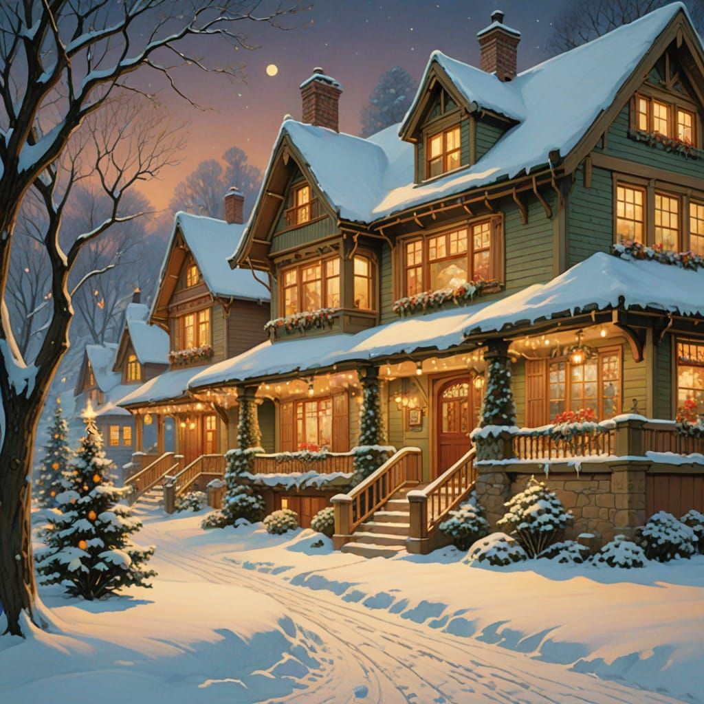 Cozy Christmas Homes at Night in a Whimsical Winter Wonderla...