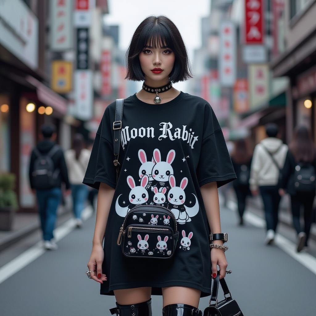 Gothic Thai Woman in Harajuku Fashion, Hyperrealistic Style