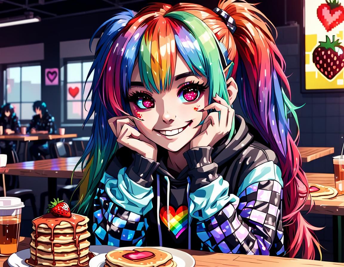 Joyful Emo Girl in Whimsical Breakfast Scene