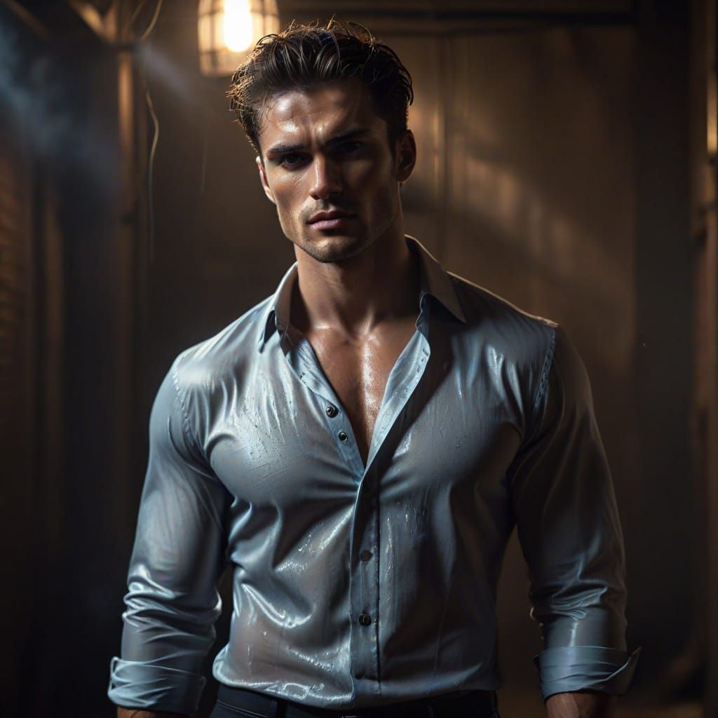 Confident Male Model in Moody, Dimly-Lit Environment