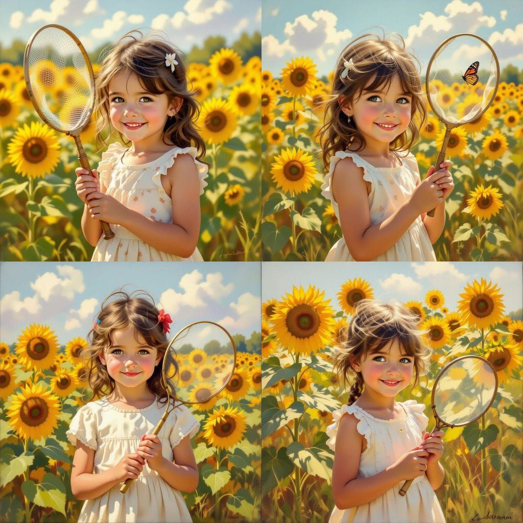 Girl with Butterfly Net in Sunflower Field