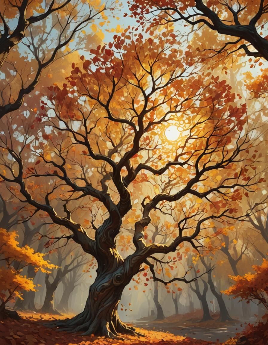 Autumnal Tree Vortex: Surrealist Concept Art
