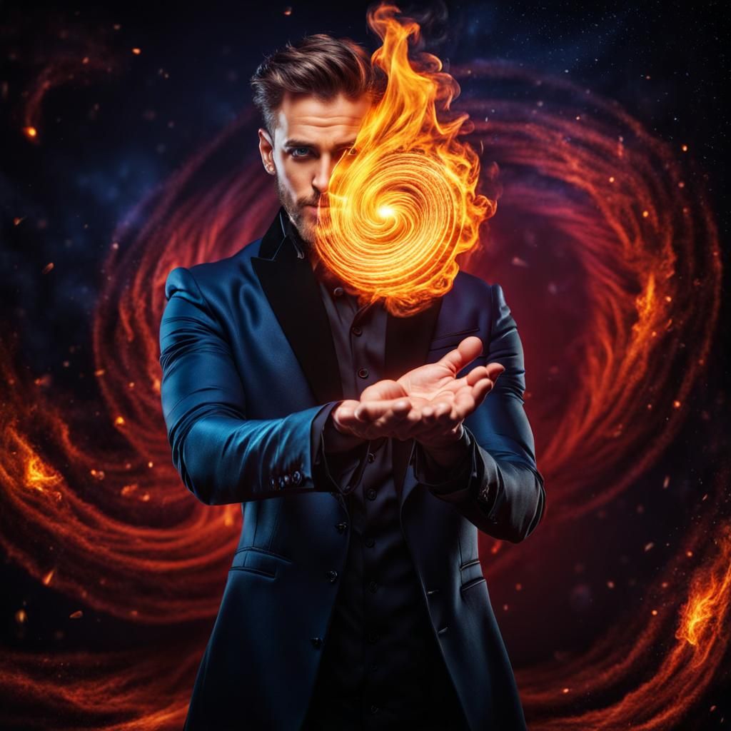 Magician's Fire Illusion Against Cosmic Background