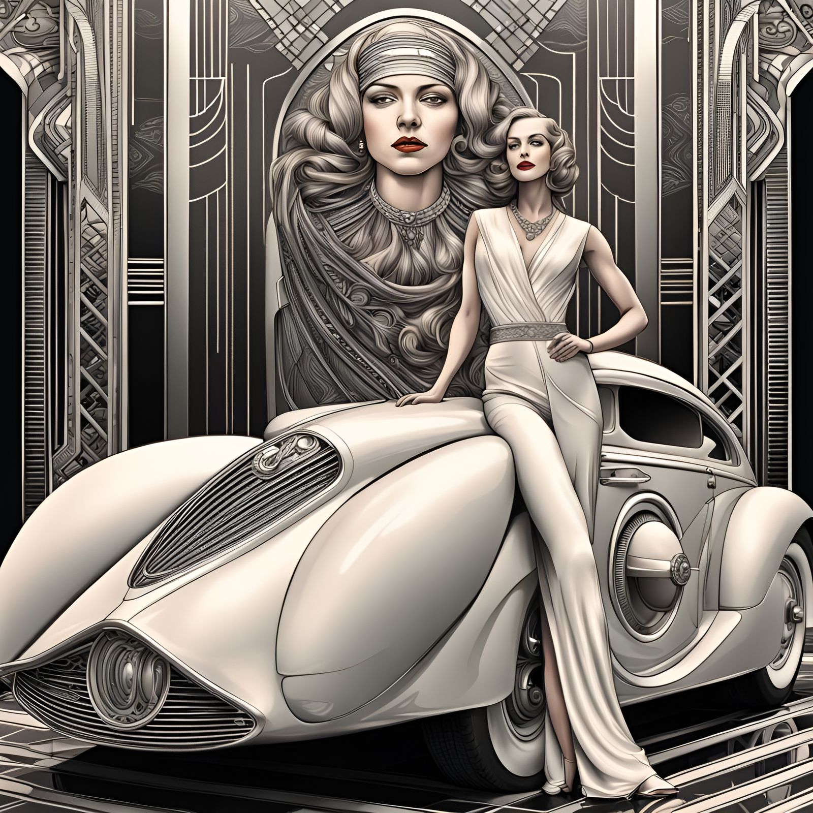 Art Deco Woman with Car, Hyperdetailed Masterpiece