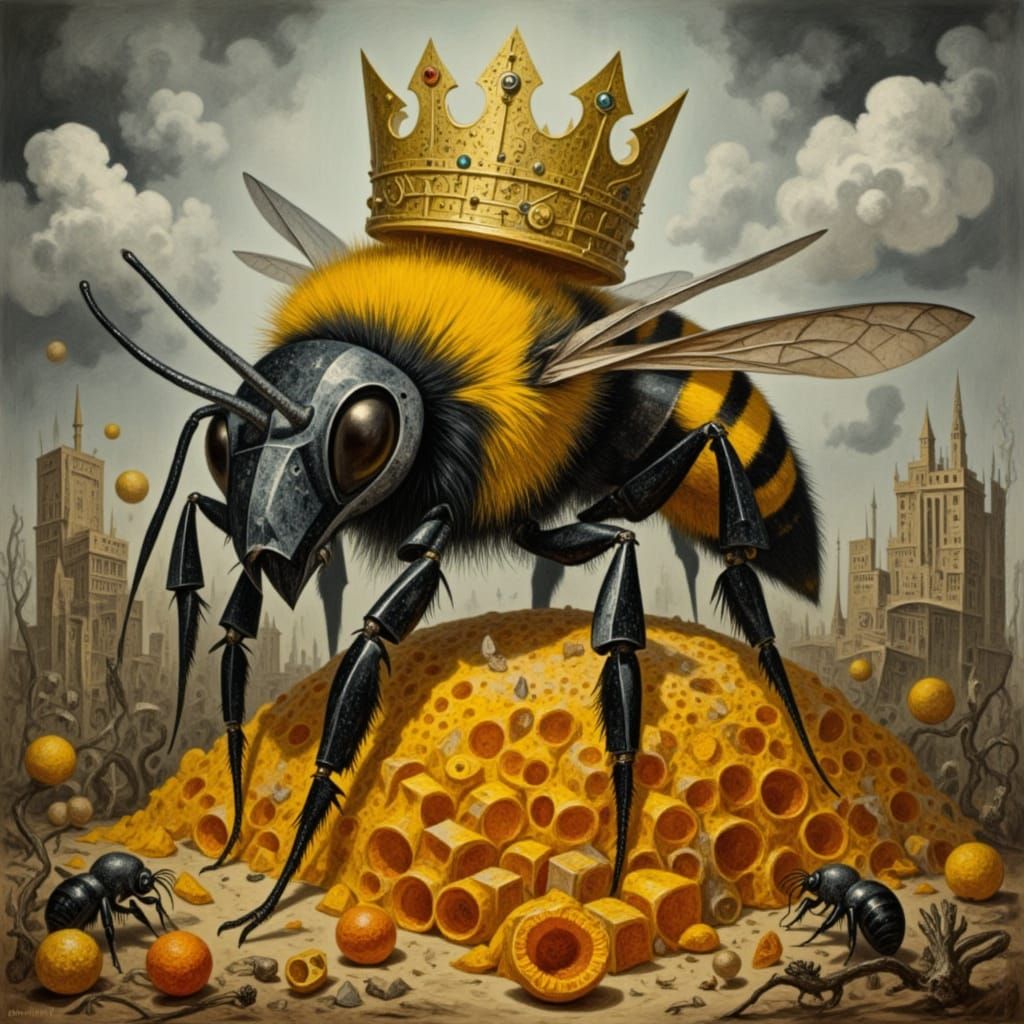 Queen Bee Among Honeycomb and Smaller Bees