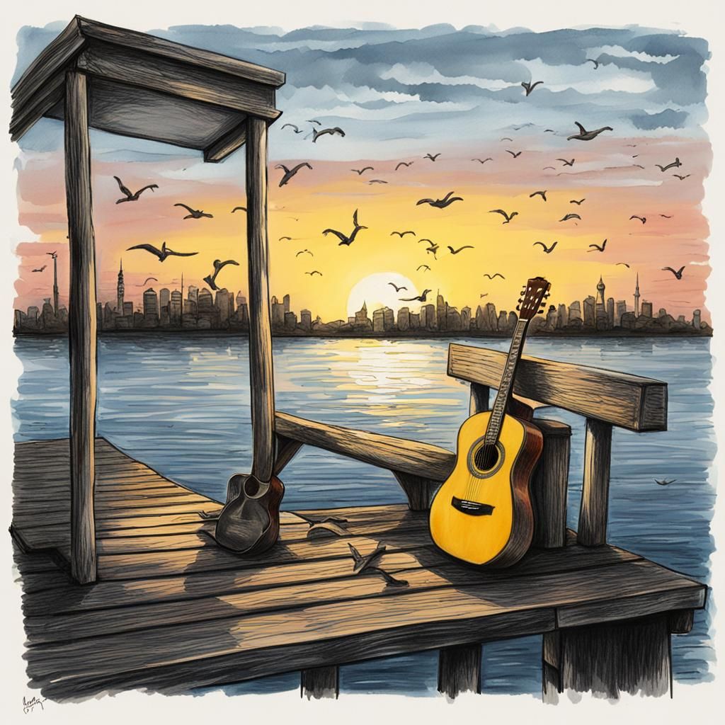 Guitar on a Dock Drawing