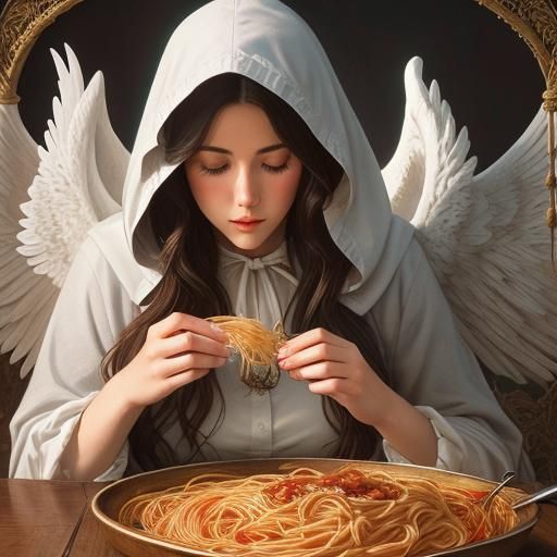 Woman Eating Spaghetti in Heavenly Rhine River Scene