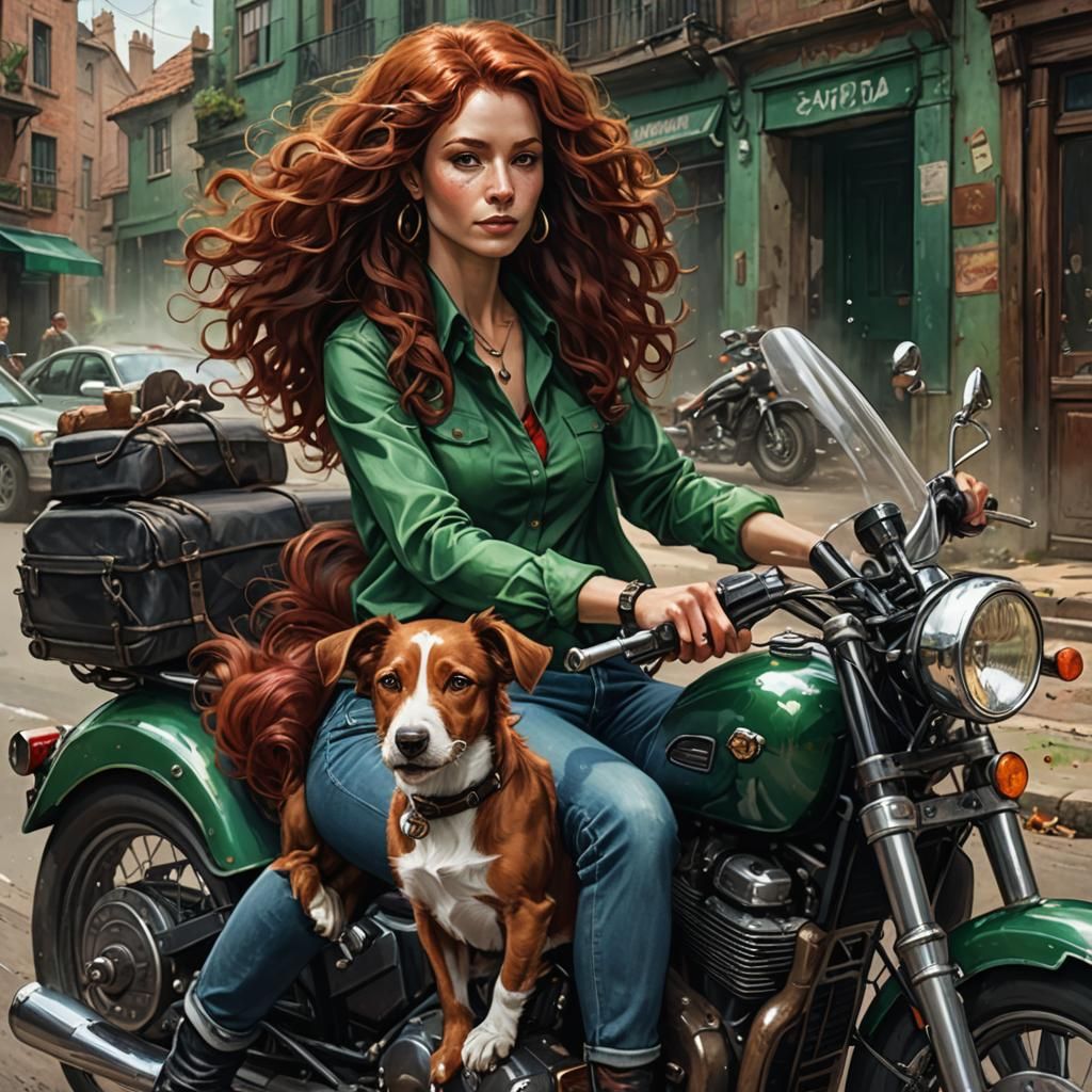 Motorcycle Lady with Dog in Fantasy Landscape