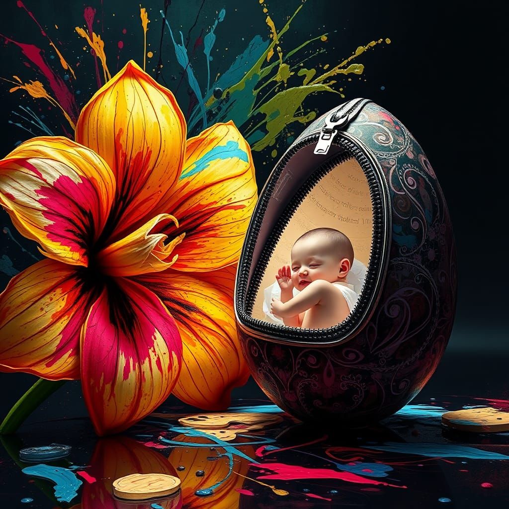 Abstract Flower and Baby Emergence, Surreal Concept Art