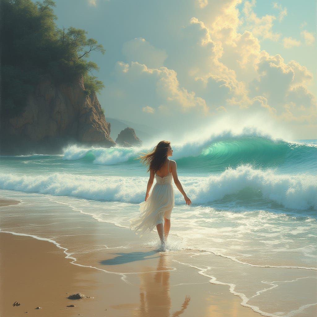 Surreal Beach Encounter in Ethereal Fantasy Style