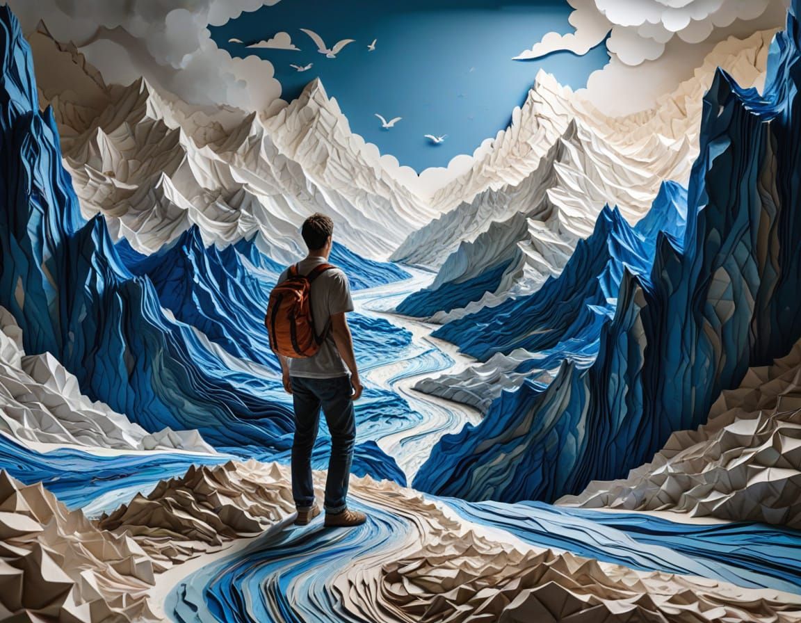 Explorer Overlooks Vast Paper Art Landscape
