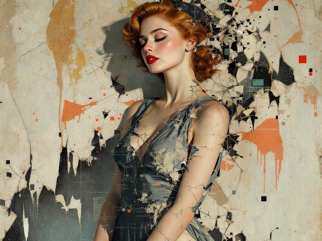 A Renaissance Pin-Up Girl Cracks into Digital Decay