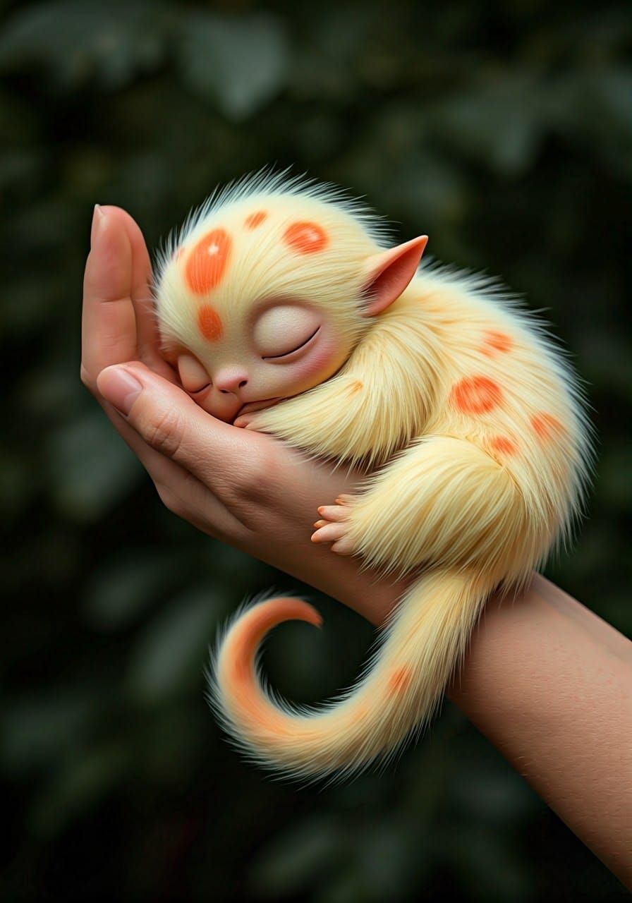 Sleeping Alien Creature in Woman's Hand: Photorealistic
