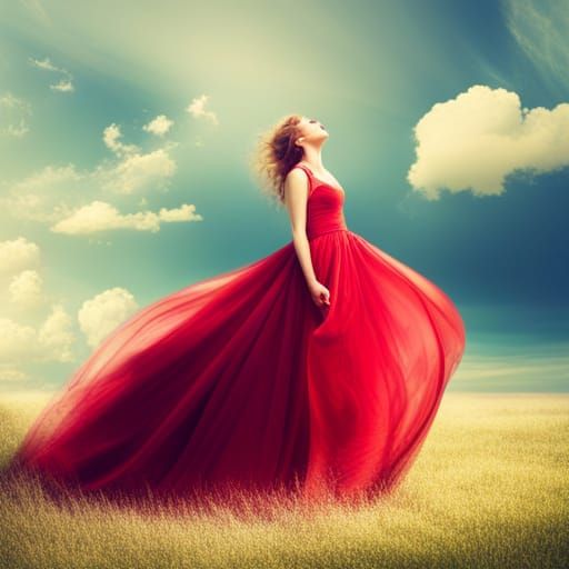 Woman in Red Ballgown with Divine Lighting