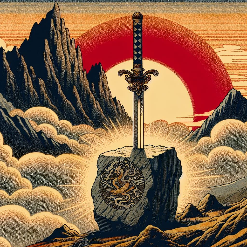 Anime Sword in Stone with Mountain Sunset