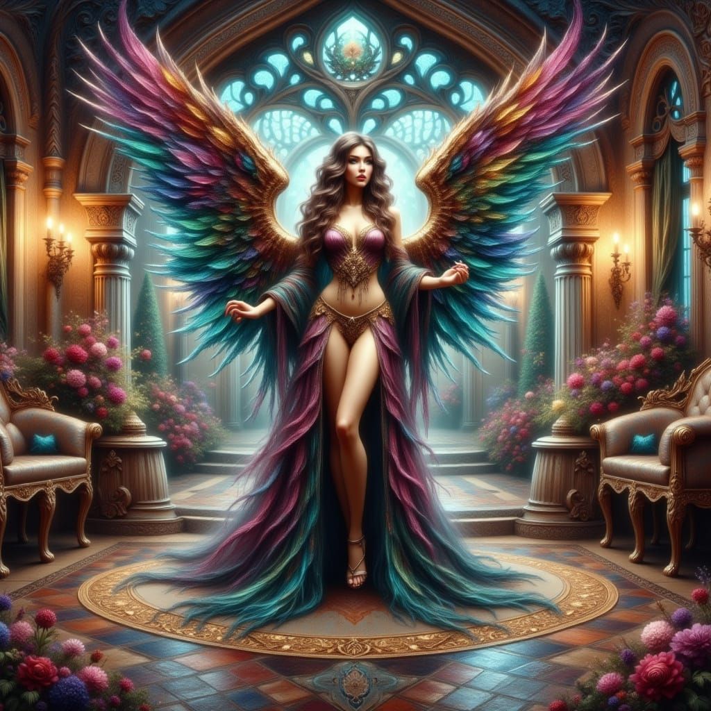 Cyberpunk-Inspired Fantasy Angel in a Vibrant Gaudi Palace