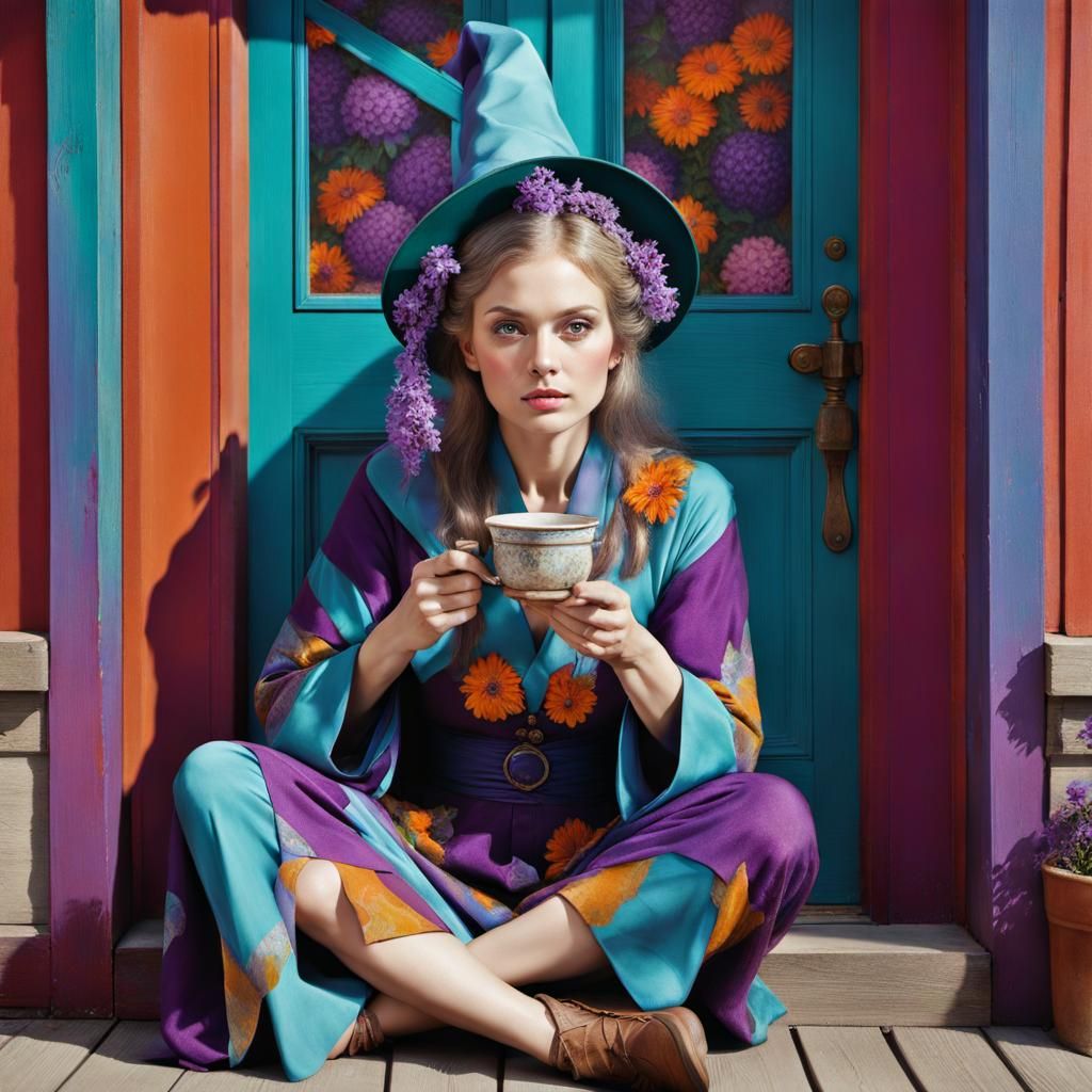 Good Witch has her morning tea after watering her flower gar...