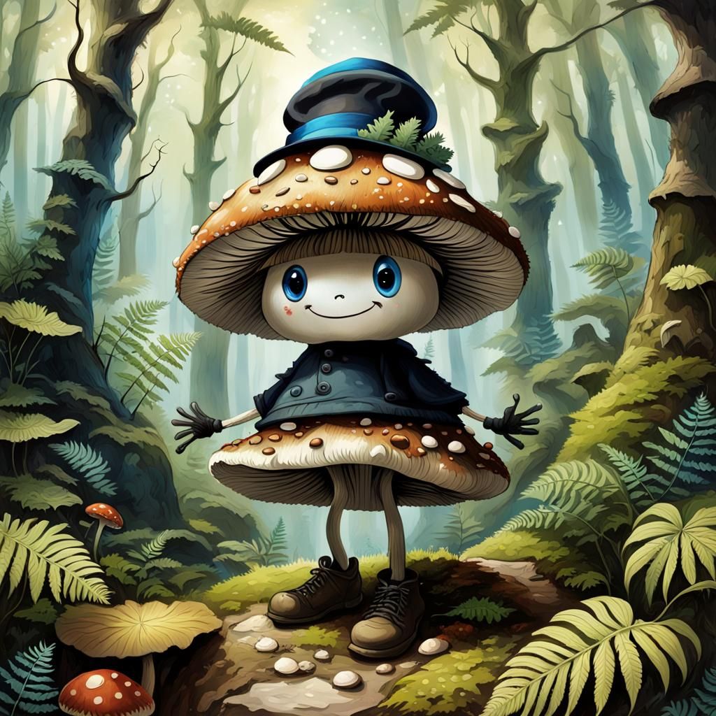 Mushroom in Midst of Whimsical Forest Scene