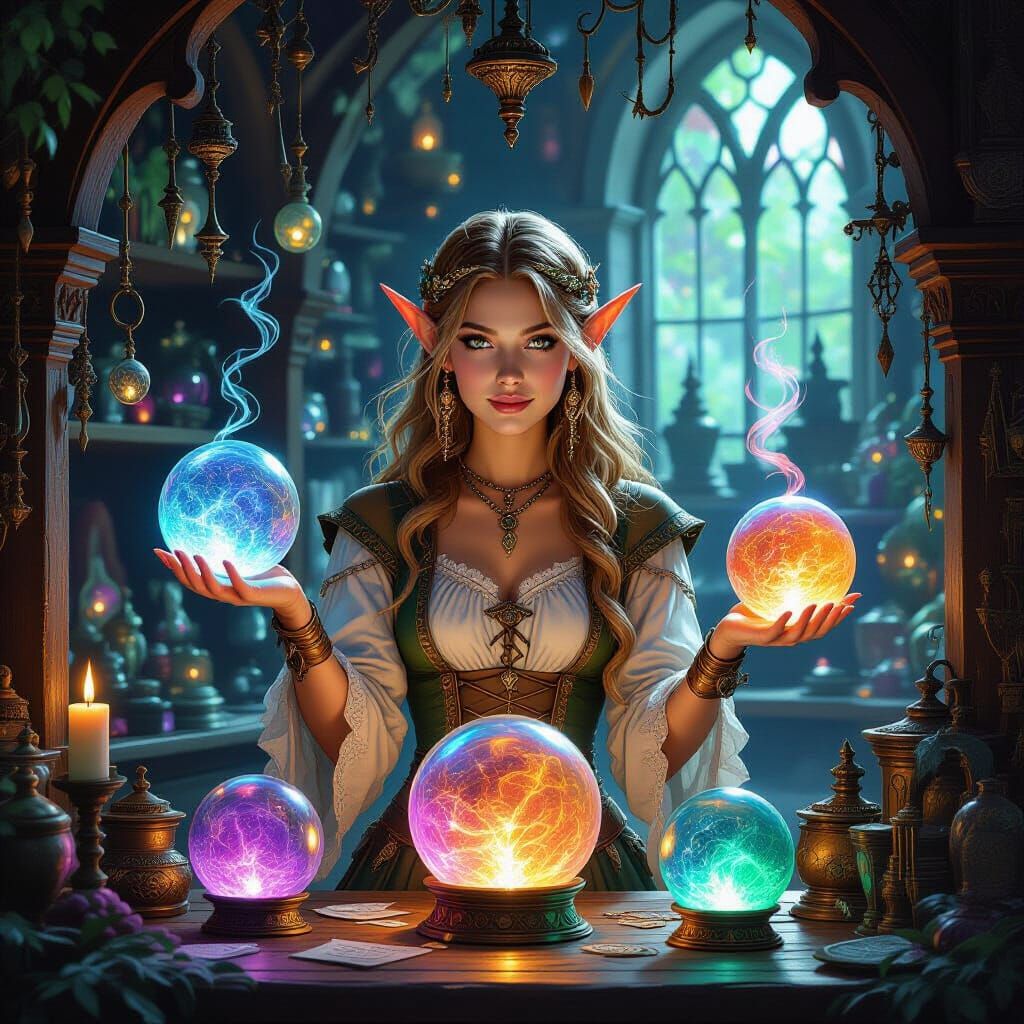 Enchanting Elf Shopkeeper Selling Magical Crystal Balls
