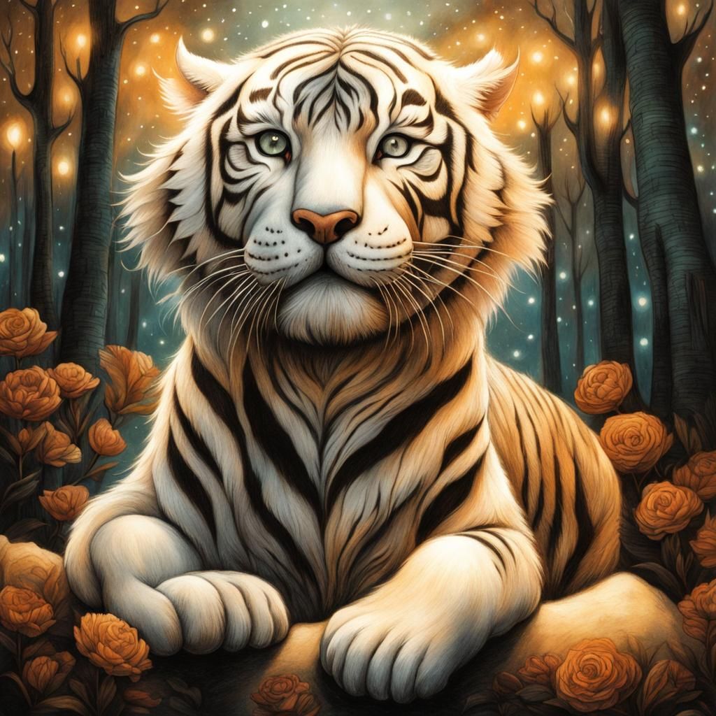 Detailed Ink Drawing of Tiger in Starry Sky