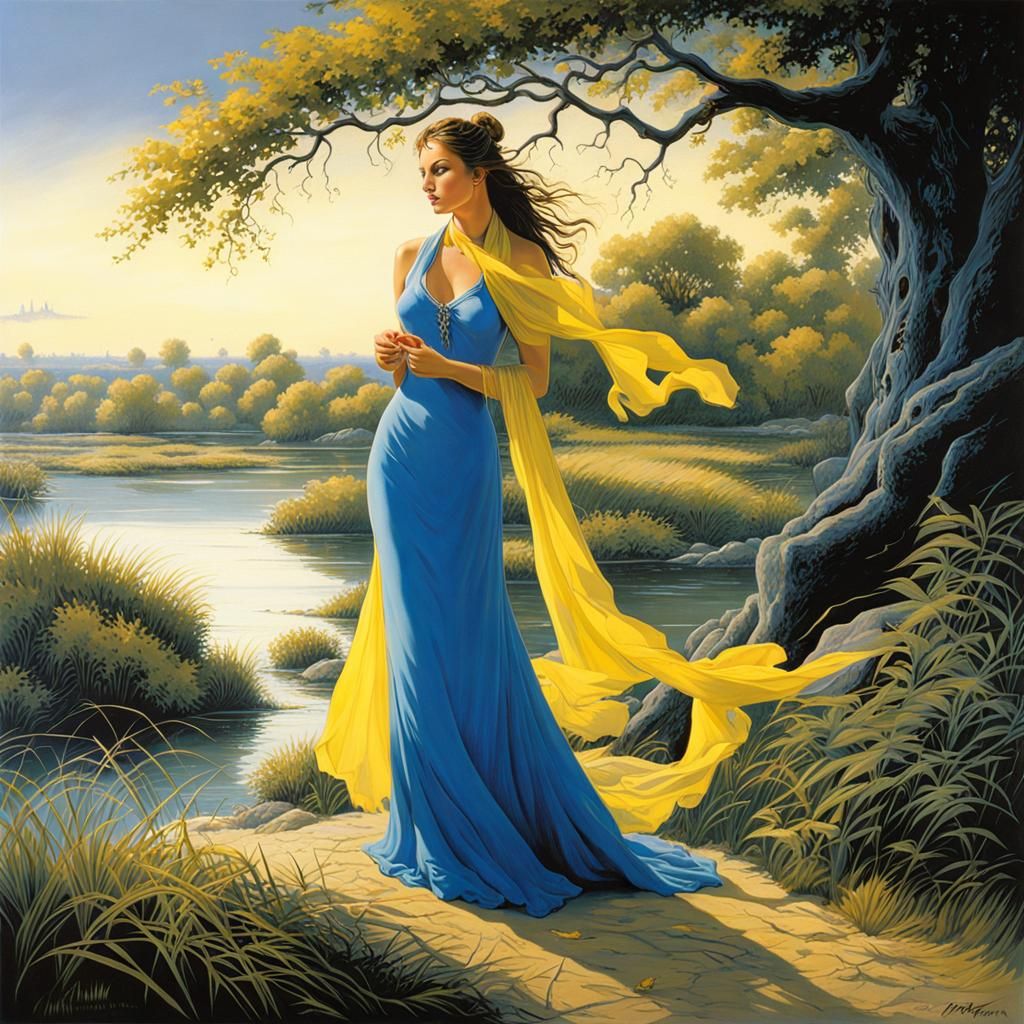Woman at Riverbank in Fantasy Art Style