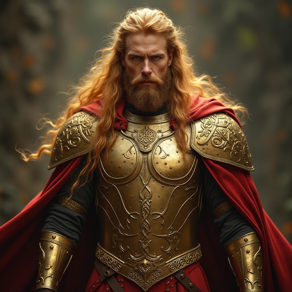 Golden Celtic Warrior God with Crimson Cloak