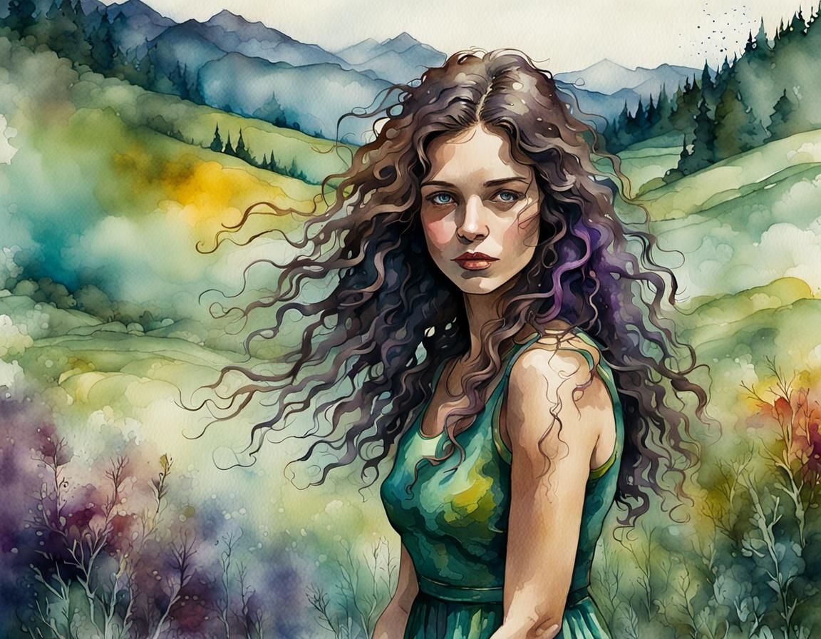 Woman in Alpine Meadow: Gritty Watercolor Fantasy Art