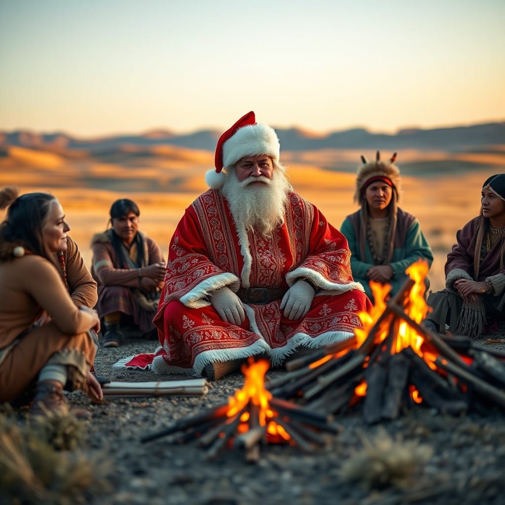 Santa Claus in Majestic Red Caftan Sits by Campfire with Nat...