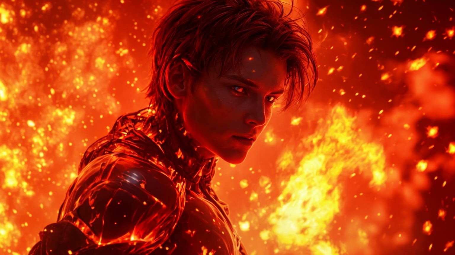 Cyborg Dances in Red Fire Flames