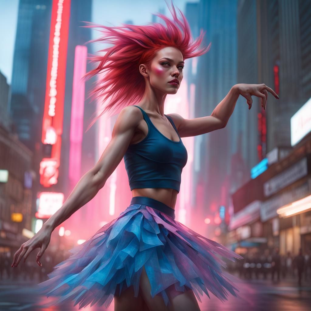 Cyberpunk Ballerina Dances in City Street, Detailed Portrait