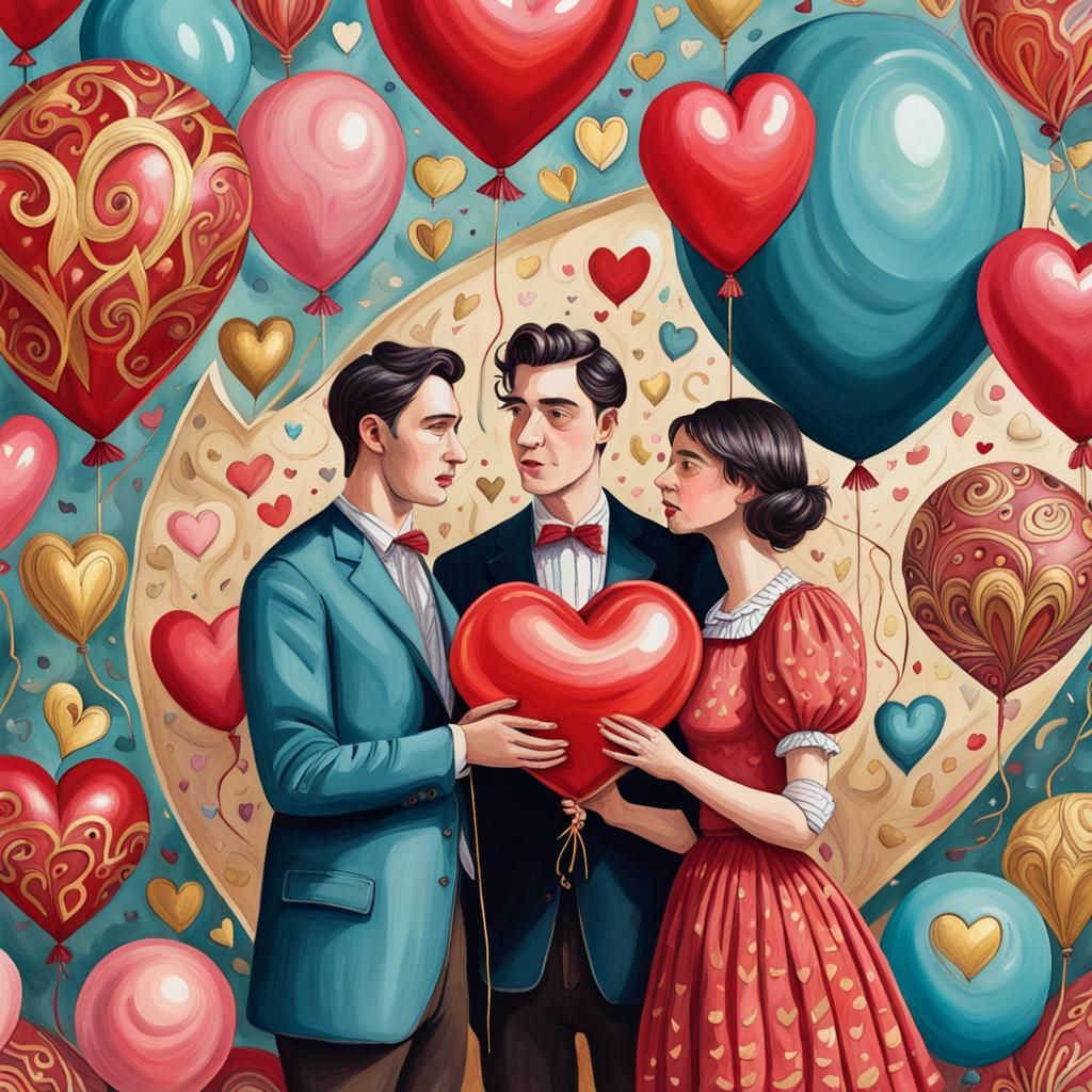 Couple Holding Heart Balloon in Gouache Style