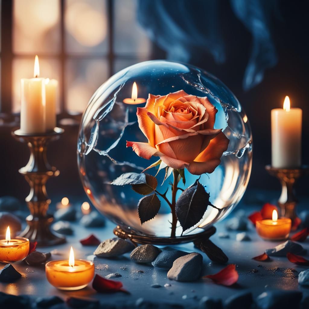 Rose Above Glass Sphere in Hyperrealist Style