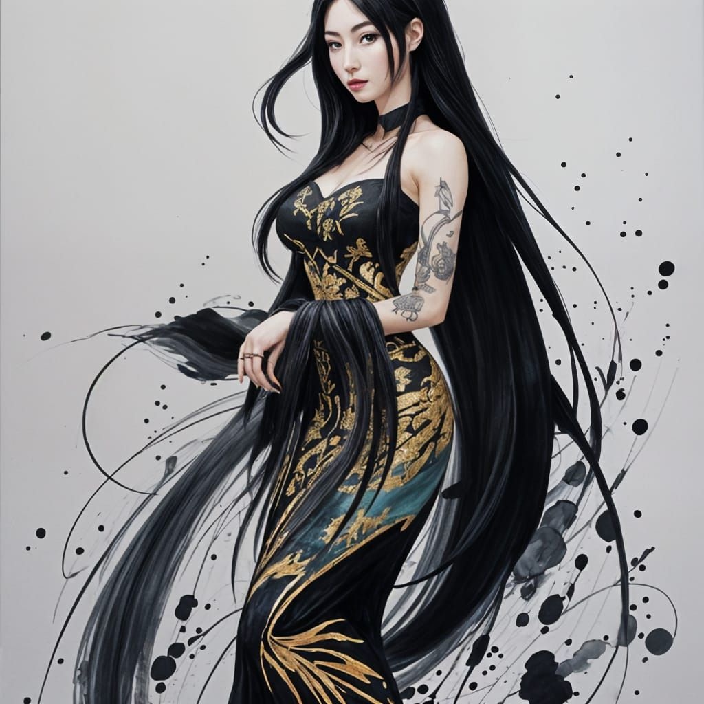 Abstract Asian Woman Drawing with Thrown Paint