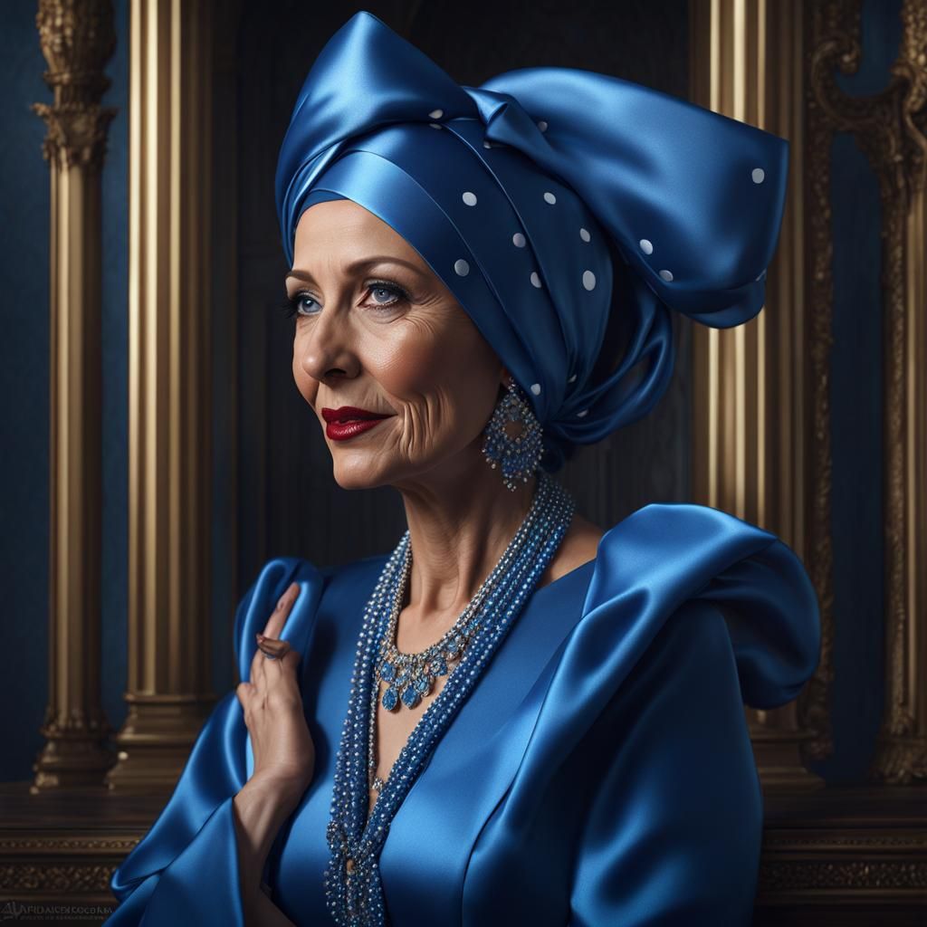 Statuesque Lady in Blue Polkadot Satin: Photorealistic Art
