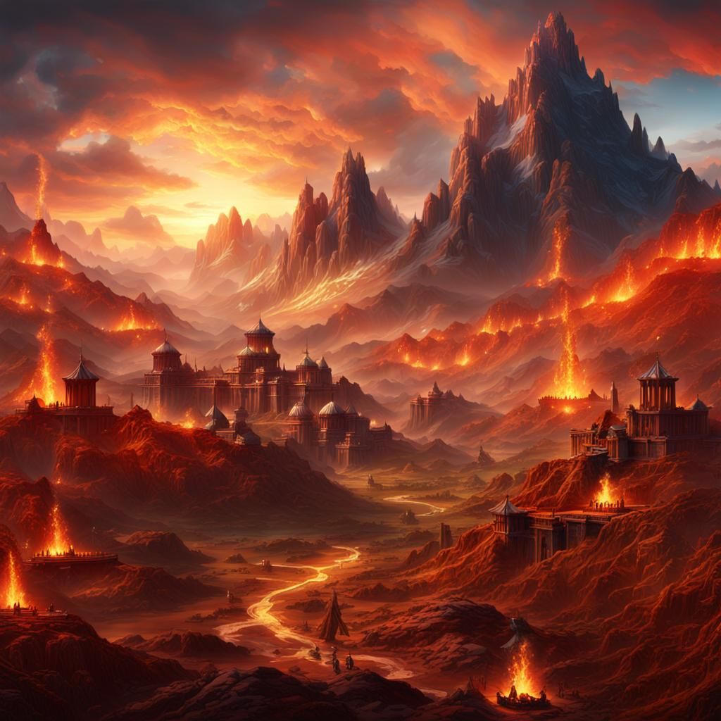 Epic Mountain Battle Scene with Fiery Sky