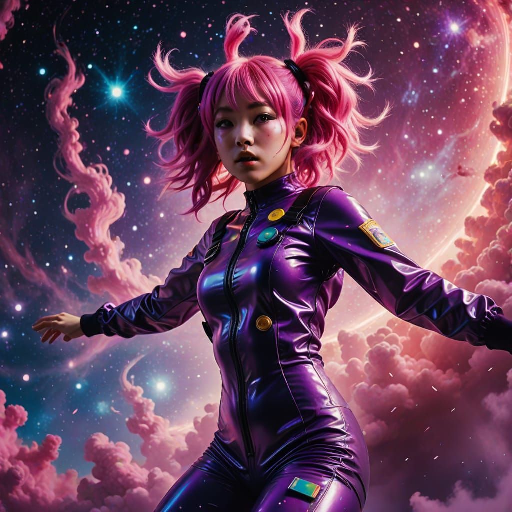 Pink-Haired Pop Star Leaps into Vibrant Nebula