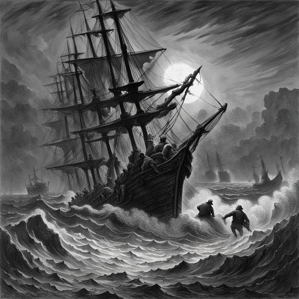 Terrifying Sea Hag Attack in Engraving Style