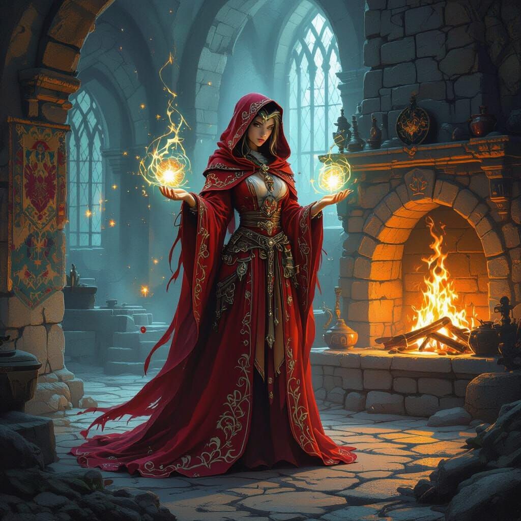 Mystical Sorceress in Castle, Frazetta Style