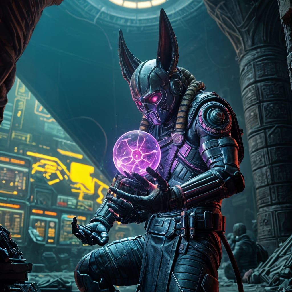 Cyberpunk Warrior Unleashes Energy in Neon-Lit Pyramid Chamb...