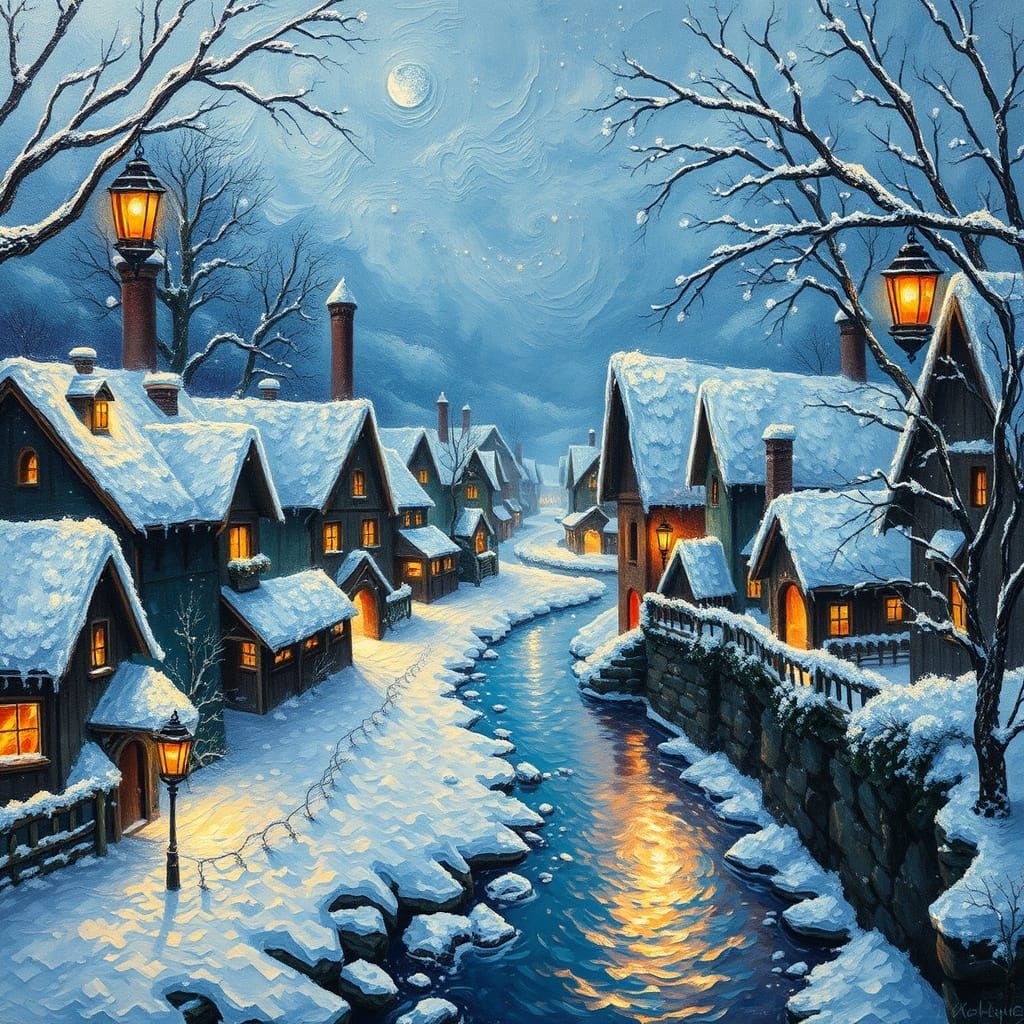 Mystical Winter Village Aglow with Ethereal Light