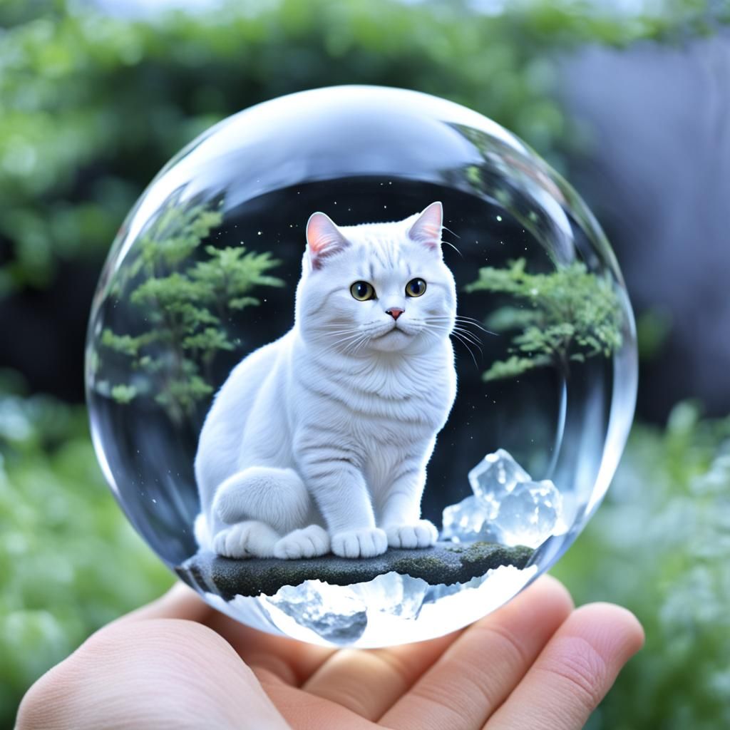 Crystal Sphere with Japanese Puffy Cat Inside