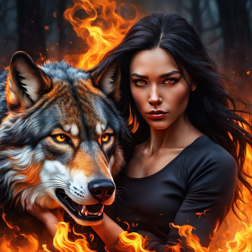Vibrant Portrait of a Fitness Woman with a Flaming Wolf