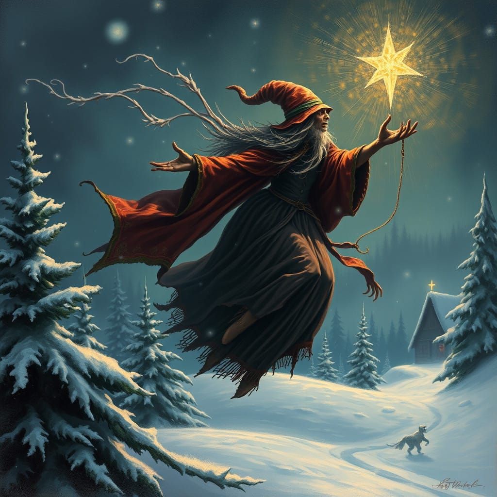 Winter Witch Soars Through Snowy Landscape